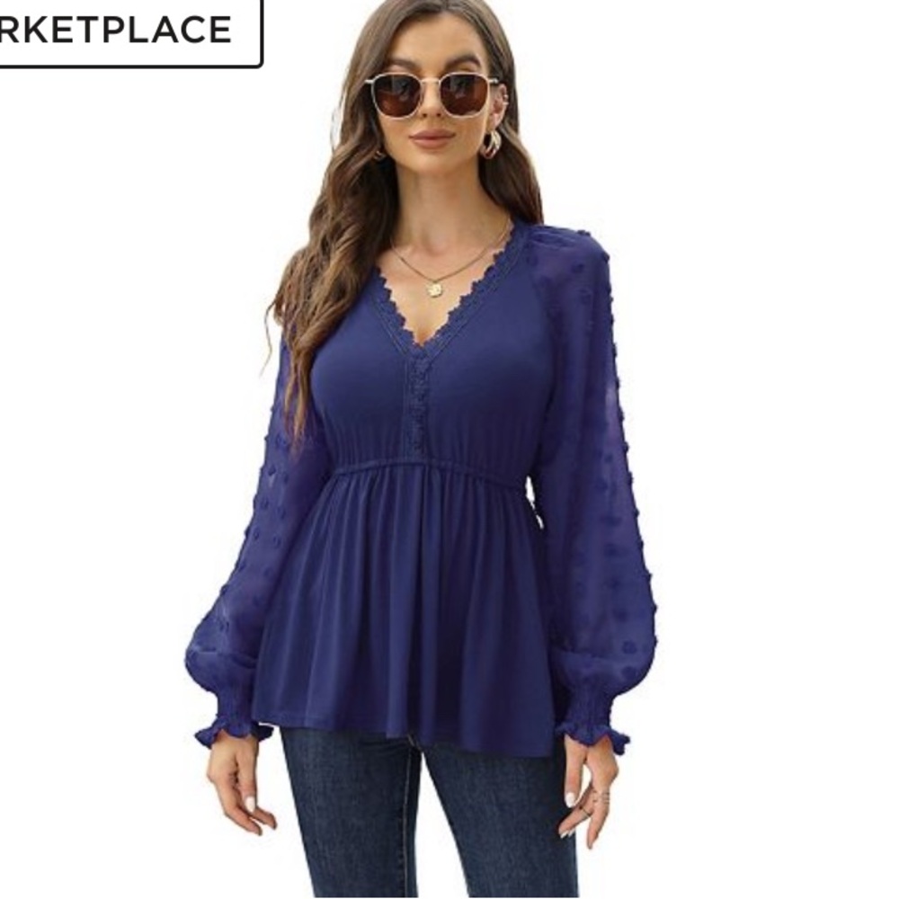 Chic Navy Women's Blouse with Lace Trim